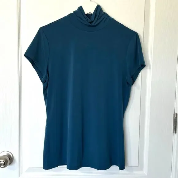 Alfani Wms Mock Neck Teal Blue Jersey Knit Top Size M Layering Minimalist Career - Picture 6 of 7